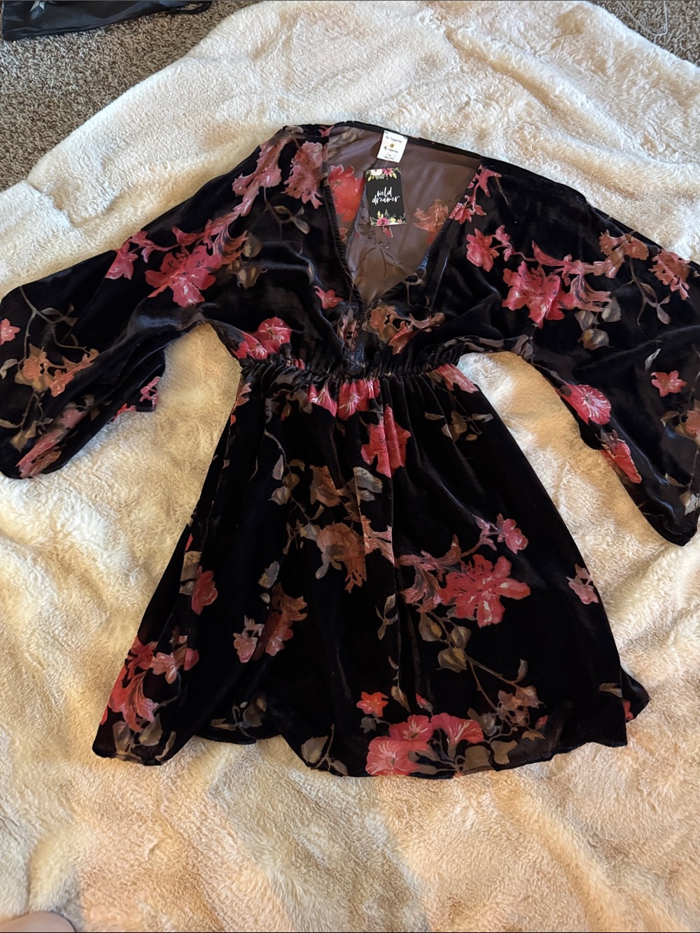 By Together Black Velvet Floral Mini Dress with Pink Flowers